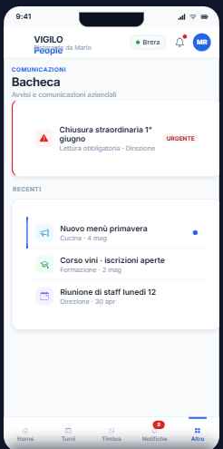 Schermata Bacheca con avvisi urgenti e comunicazioni aziendali