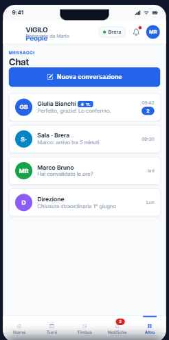 Schermata Chat con conversazioni per sede e colleghi