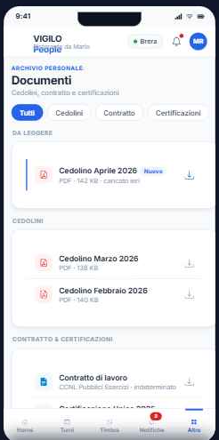 Schermata Documenti: cedolini, contratto e certificazioni