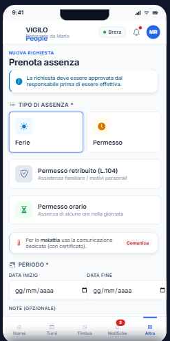 Schermata Prenota assenza: ferie, permesso, L.104 e periodo
