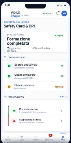 Schermata Safety Card & DPI con formazione, idoneità e dispositivi assegnati