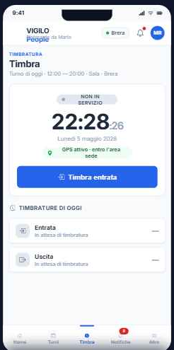 Schermata di timbratura GPS dell'app VIGILO People